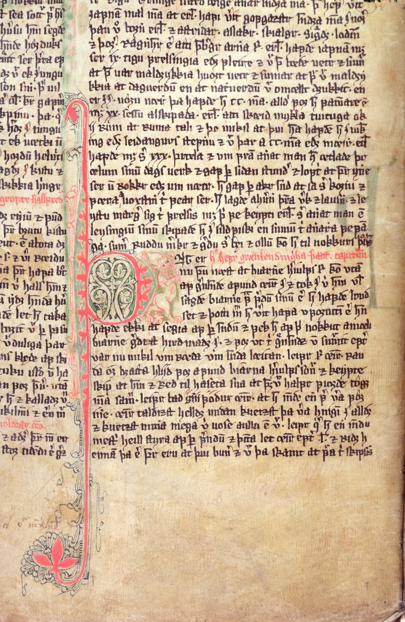 Historiierte Initiale P am Anfang der Saga der Grönländer, aus Flateyjarbok (Das Buch von Flatey) spätes 14. Jahrhundert von Icelandic School