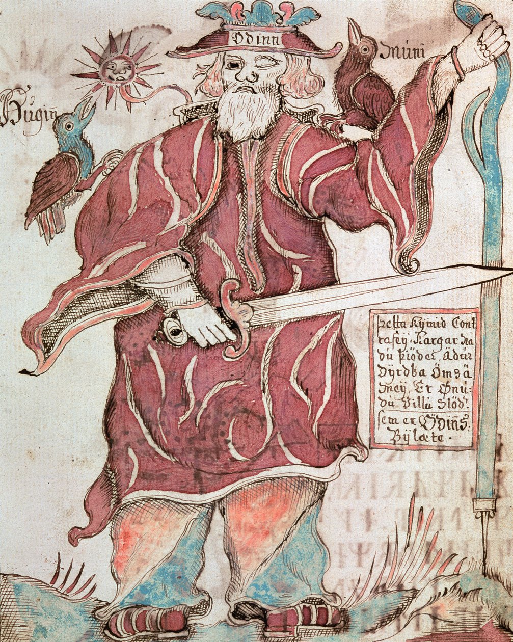 Odin mit seinen zwei Raben, Hugin (Gedanke) und Munin (Erinnerung) von Icelandic School