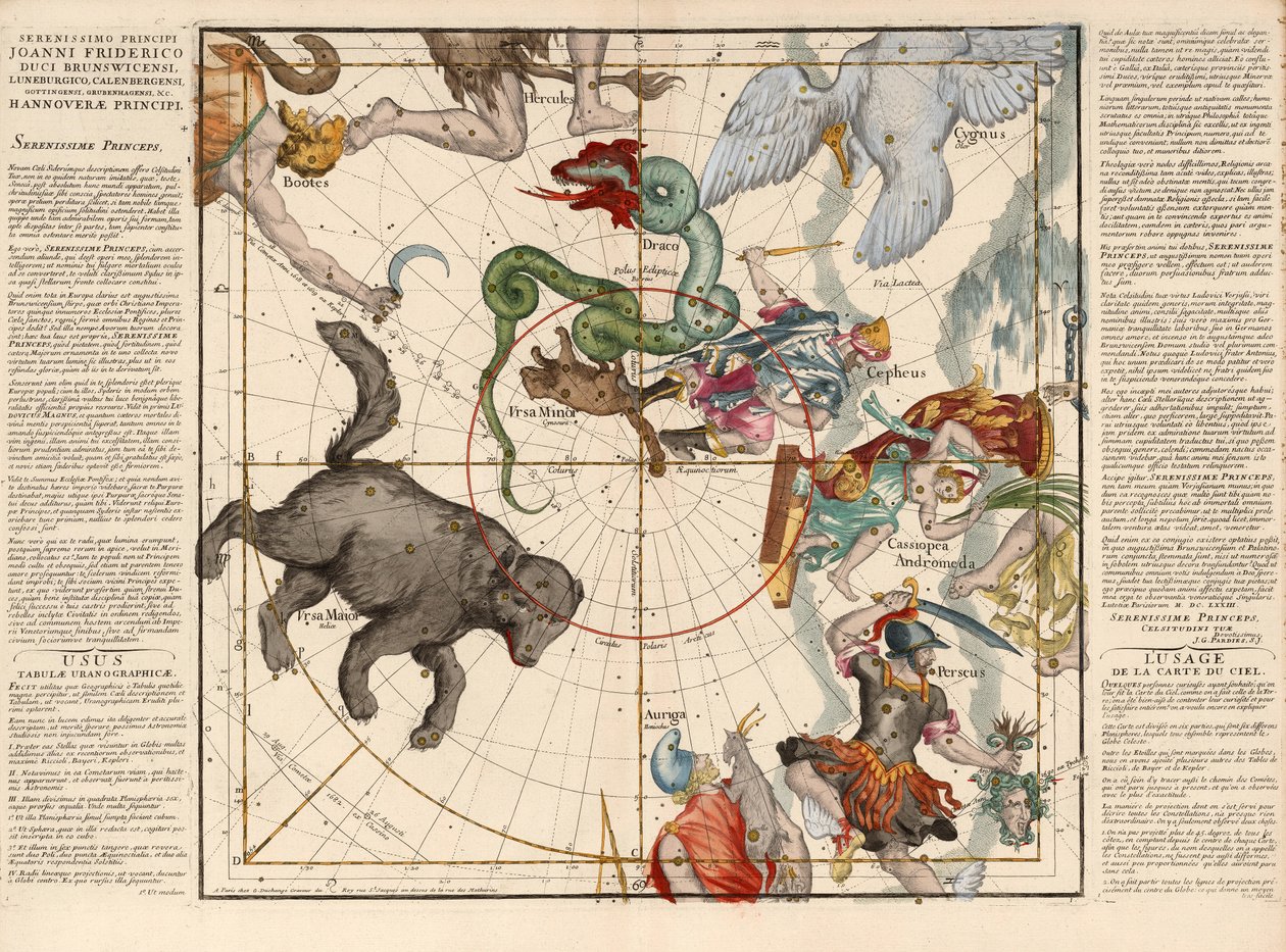 Nordpol, Tafel 1 aus Globi coelestis in tabulas planas redacti descriptio, veröffentlicht 1674 (handkolorierter Stich) von Ignace Gaston Pardies