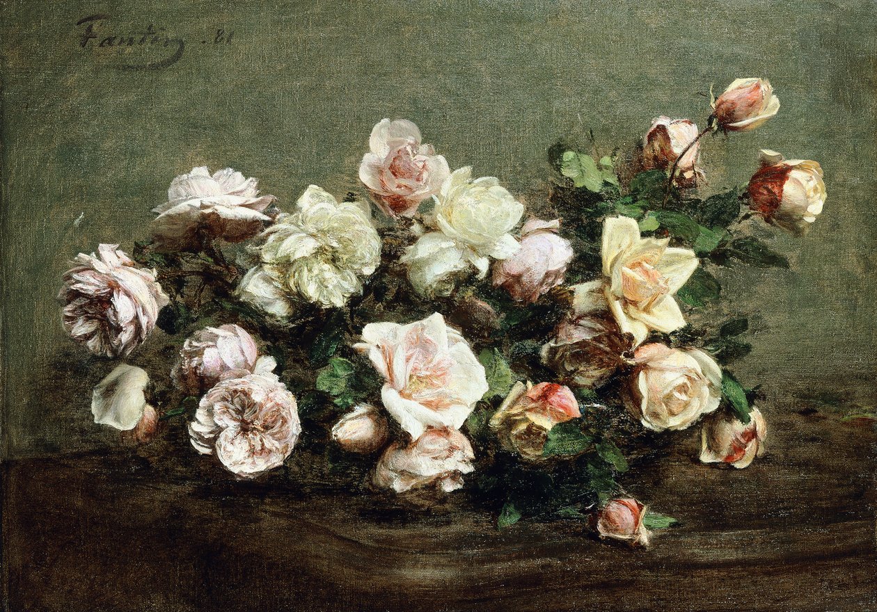 Vase mit weißen Rosen auf einem Tisch von Ignace Henri Jean Fantin Latour