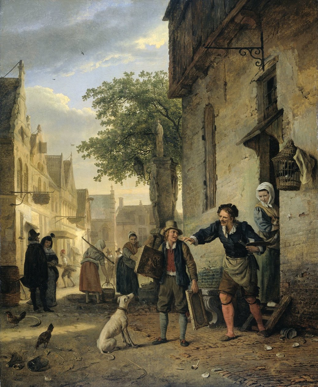 Jan Steen schickt seinen Sohn auf die Straße, um Gemälde gegen Bier und Wein zu tauschen von Ignatius Josephus van Regemorter