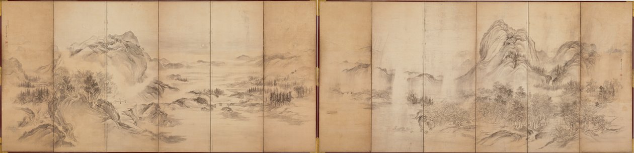 Bergansichten, Rückseite eines sechsteiligen Paravents, Edo-Periode, 1856-58 von Ikeda Koson