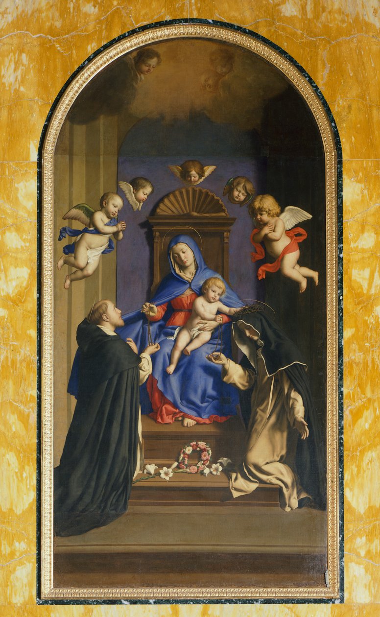 Unsere Liebe Frau vom Rosenkranz mit St. Dominikus und St. Katharina, Kapelle der St. Katharina, Basilika St. Sabina, Rom, Italien von Il  Sassoferrato
