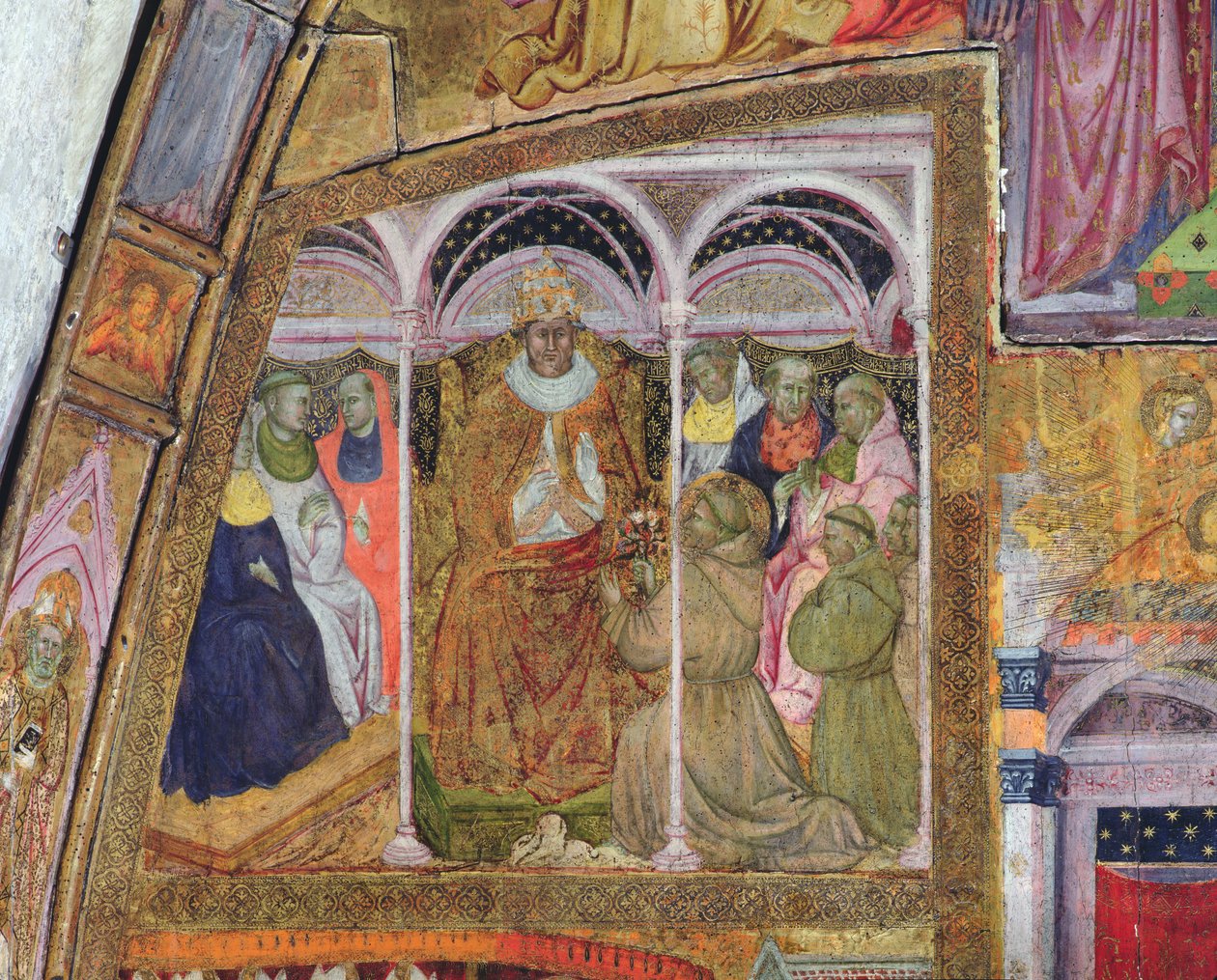 Der heilige Franziskus bittet Papst Honorius III. um die Bestätigung des Ablasses, Fresko aus der Porziuncola, 1393 von Ilario da Viterbo
