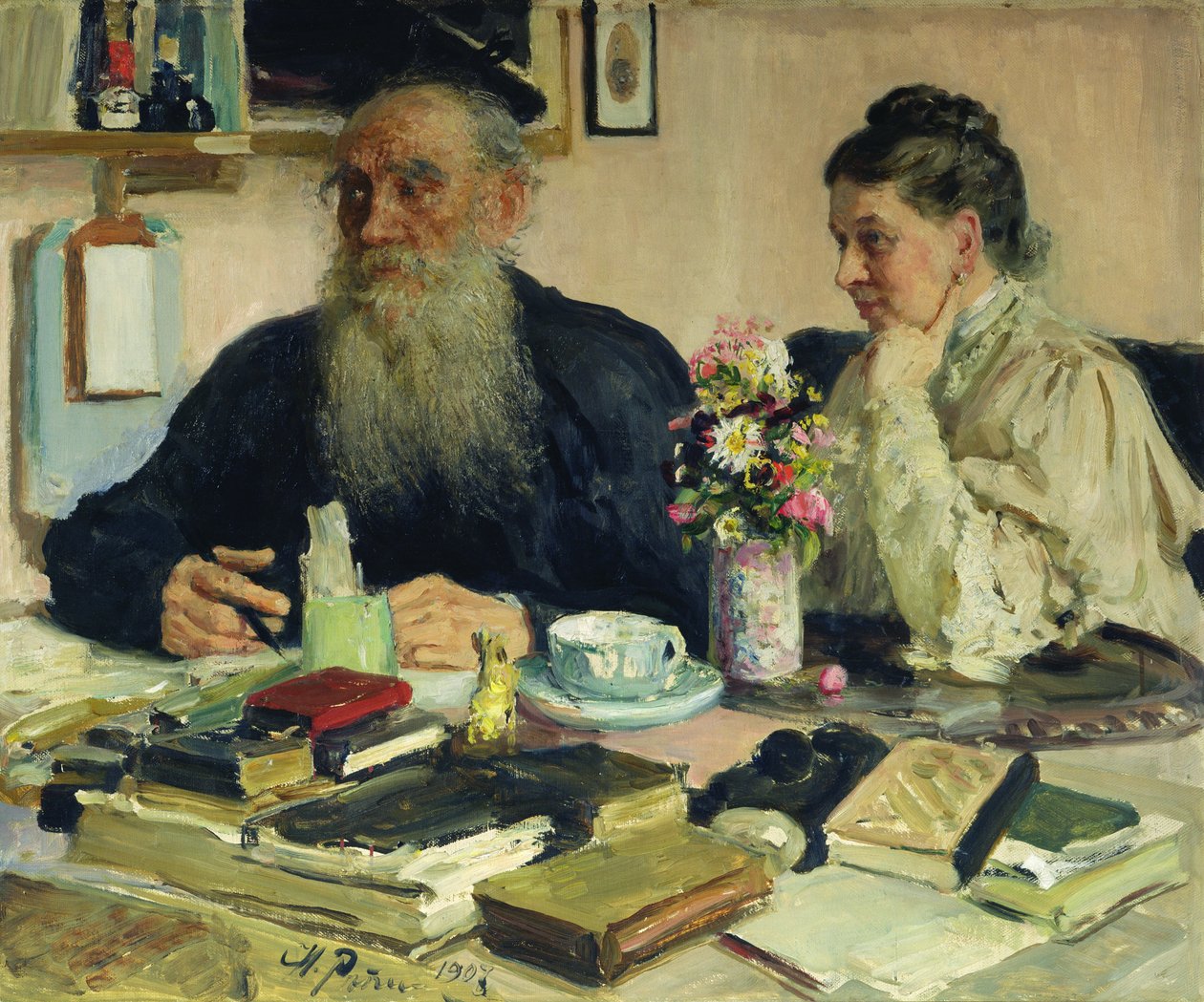 Leo Tolstoi mit seiner Frau in Jasnaja Poljana, 1907 von Ilya Efimovich Repin