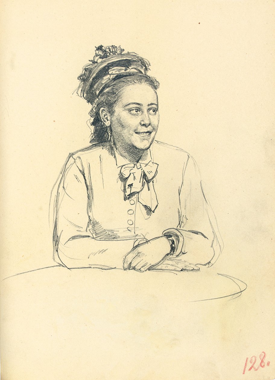 Studie für "Ein Pariser Café": Sitzende Frau mit Schleife und gefalteten Händen, ca. 1872-1875 von Ilya Efimovich Repin