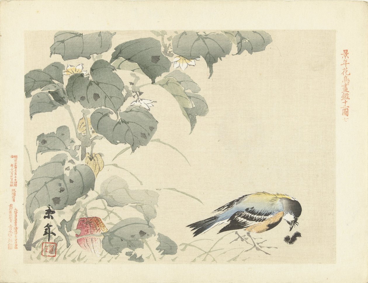 Vogel bei Raupe (Serientitel: Blumen- und Vogelskizzen von Keinen) von Imao Keinen