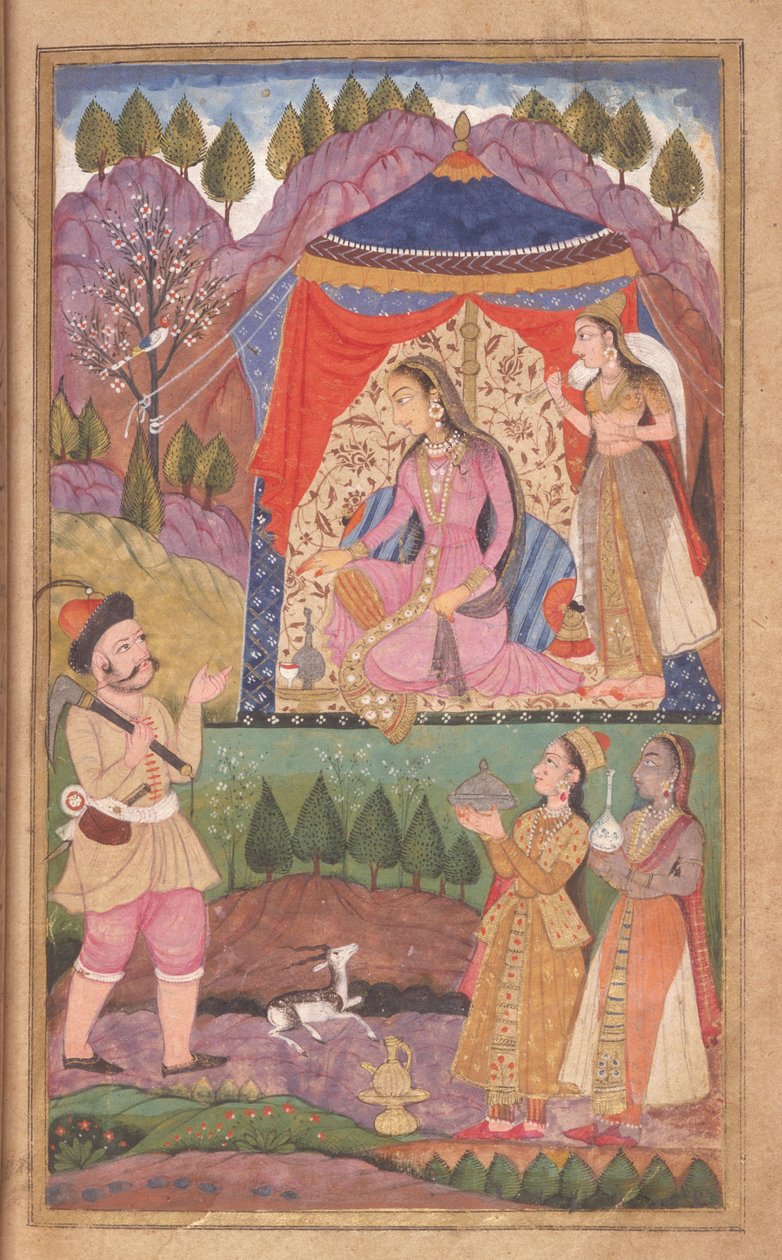 48.62 Folio 138 Farhad erzählt Prinzessin Shirin von seinen Abenteuern, aus dem Khusrau und Shirin, Deccani-Schule, 1722 von Indian School