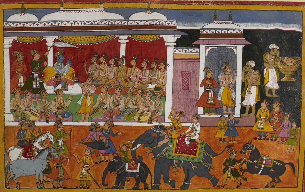 Ein Brahmane konsultiert Rama über den Tod seines Sohnes, während der Körper in einer Urne aufbewahrt wird von Indian School