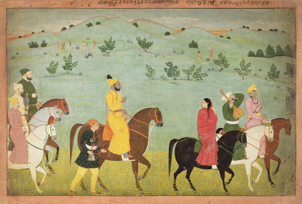 Ein Jasrota-Prinz, möglicherweise Balwant Singh, auf einem Reitausflug, von Nainsukh (tätig 1740-50) Kaschmir, ca. 1751 von Indian School