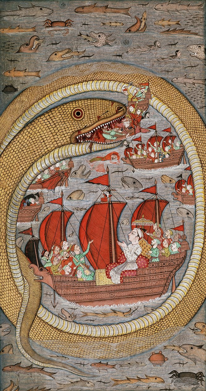 Eine monströse Schlange verschlingt die königliche Flotte, ca. 1670-1690 von Indian School