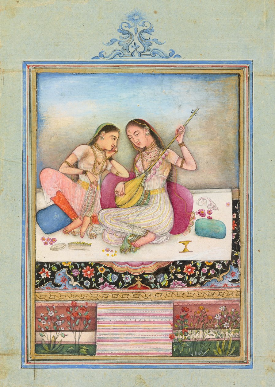 Ein Mädchen spielt die Tambur, während ihre Begleiterin zuhört, ca. 1660 von Indian School