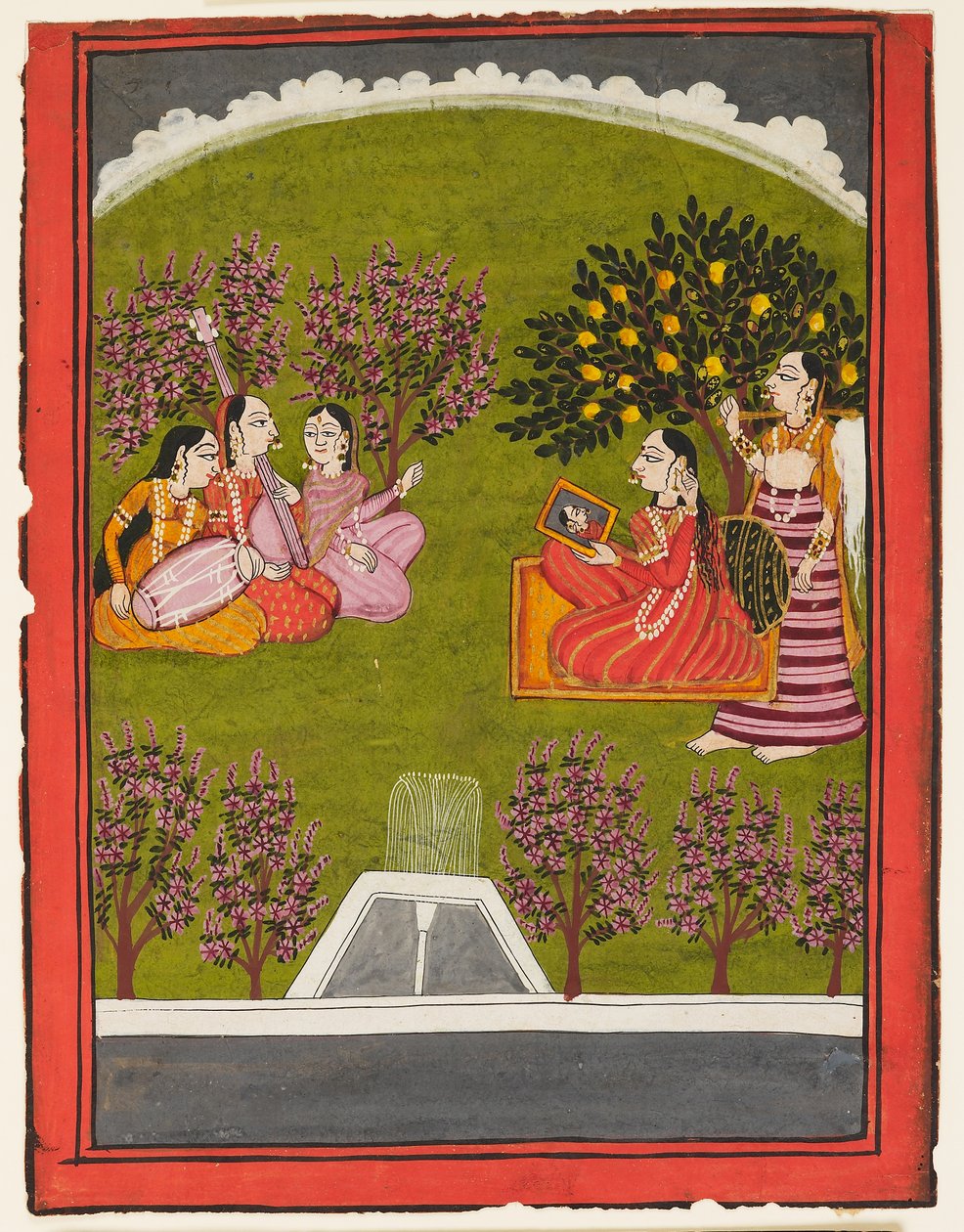 Eine Dame sitzt mit einem Spiegel im Garten, mit einer Magd und drei Musikern, ca. 1909 von Indian School