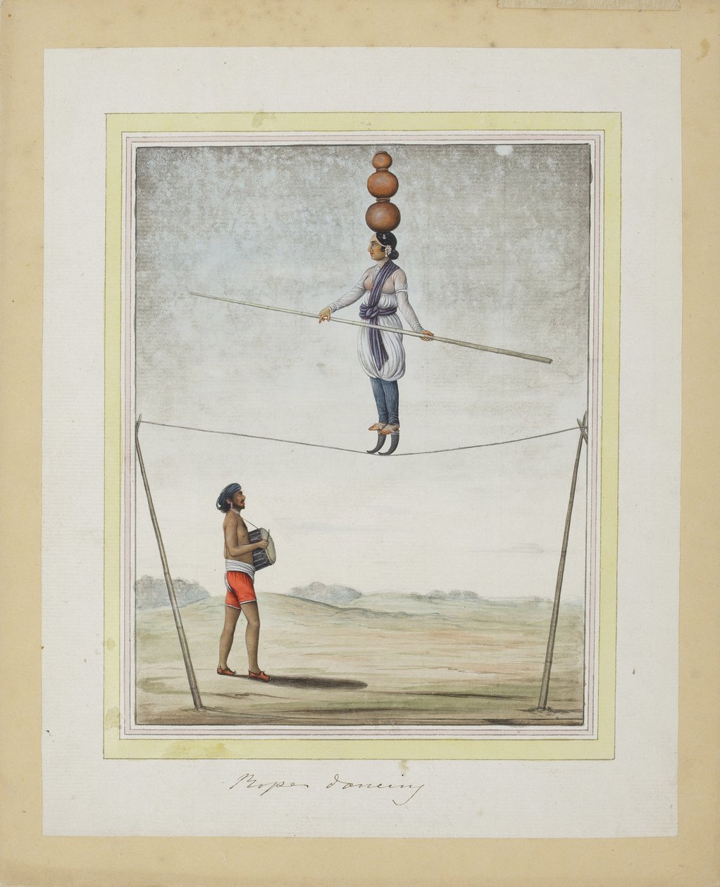 Akrobat auf einem Seil, Trommler unten, ca. 1820 von Indian School