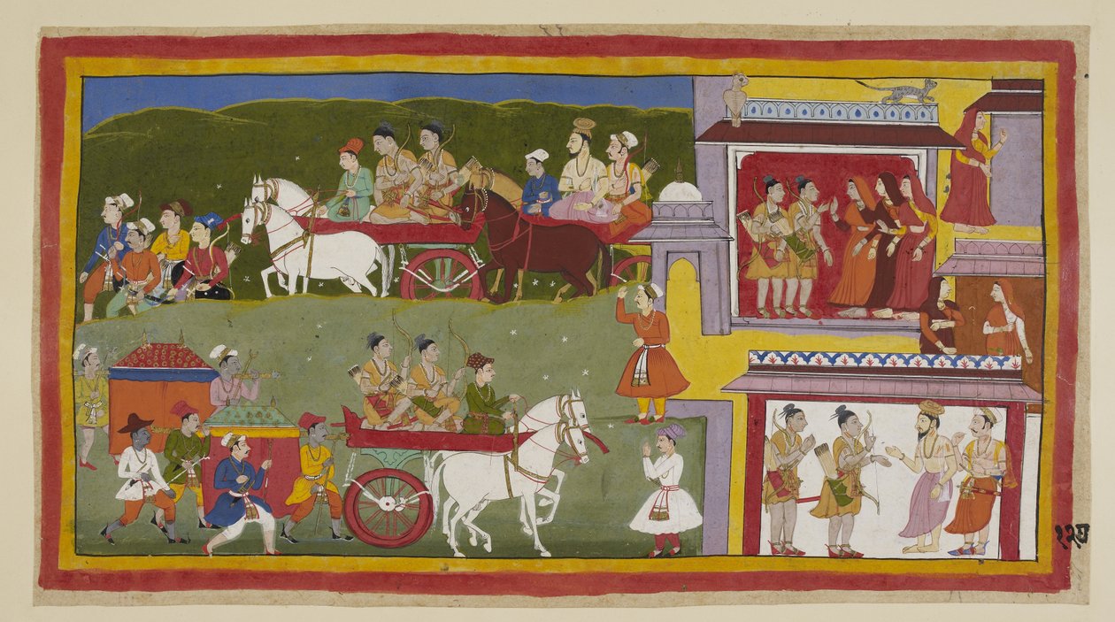 Die Prozession kehrt nach Ayodhya zurück, entlang des unteren Randes des Gemäldes, die traurige und verlassene Stadt ist der Zufluchtsort von Katzen und Eulen. Bharata und Shatrughna verabschieden sich von den Königinnen und sagen Vasistha, dass sie sich z von Indian School