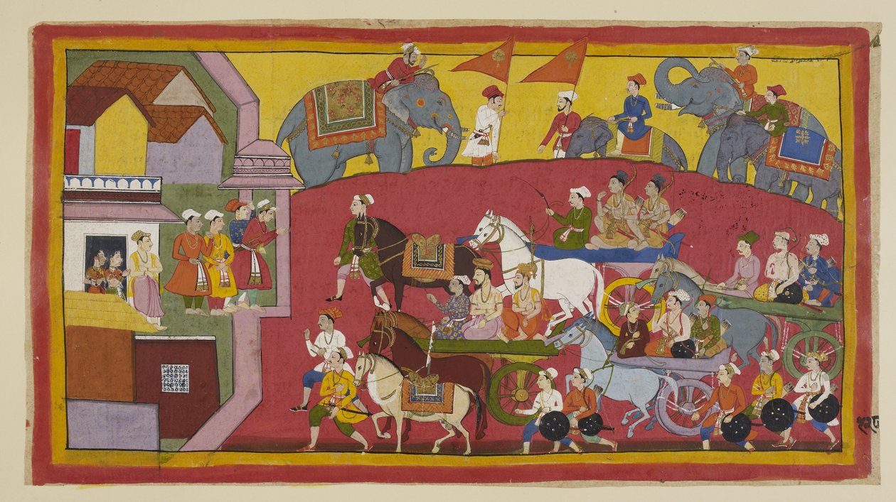 Die Streitwagen von Vasistha und den Prinzen, begleitet von verschiedenen Ministern und Leuten, betreten die Stadt Nandigrama. von Indian School