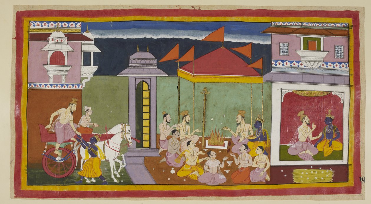 Vasistha kommt im Palast von Rama an und berät ihn, eine Fastennacht zu beobachten von Indian School