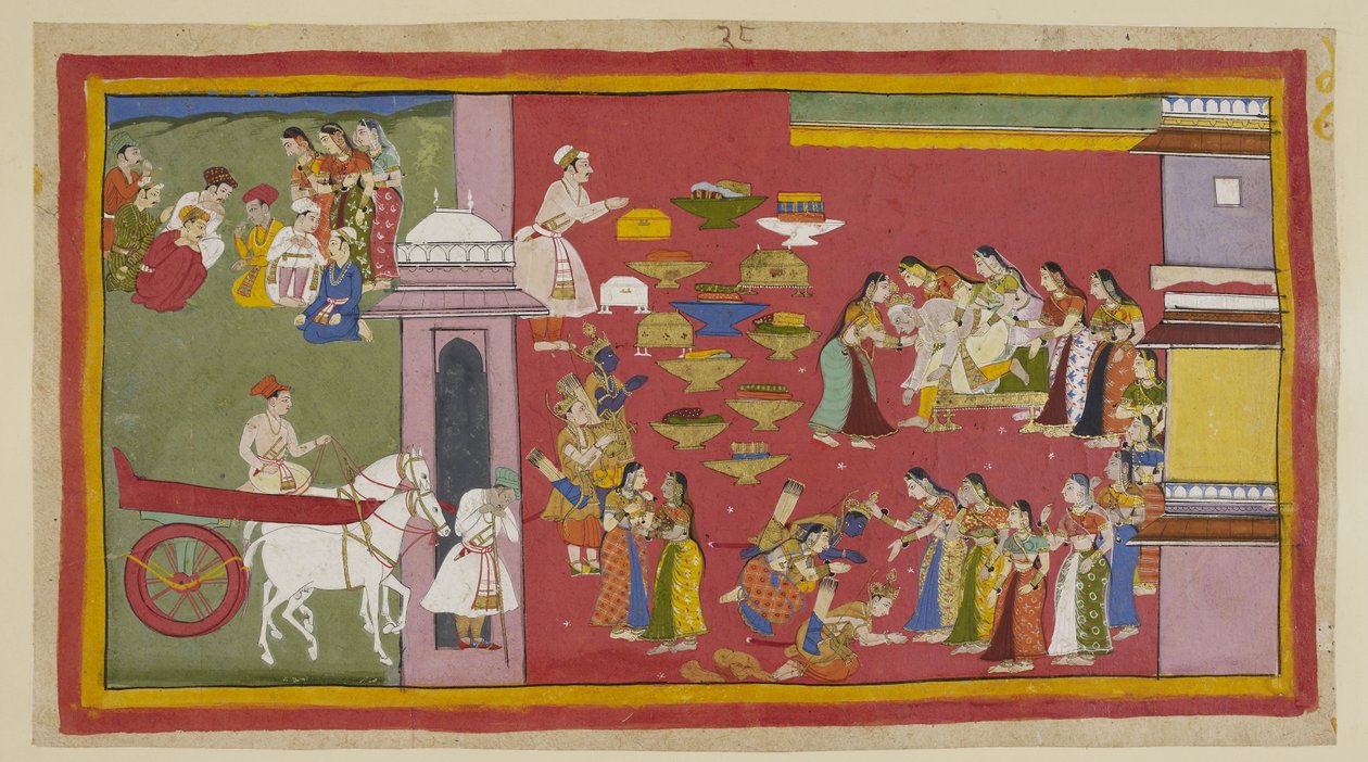 Rechts, als er seine Söhne und Sita in Rindenkleidern sieht, verliert Dasaratha das Bewusstsein und fällt vom Thron. Die drei Exilanten knien vor den Königinnen. Sita wird von Kausalya umarmt, die sie unnötigerweise daran erinnert, dass ihr erstes von Indian School