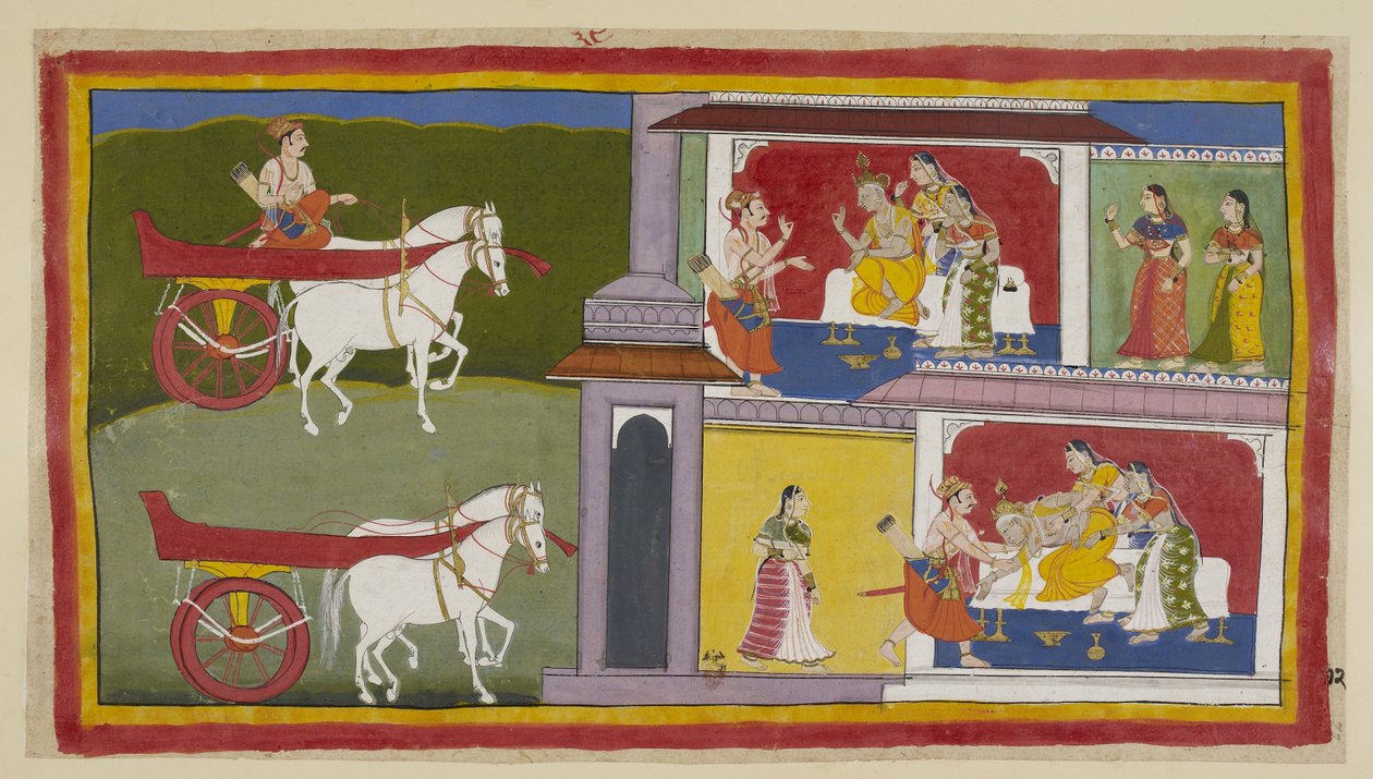 Add 15296 (1) f.72r, Links kehrt Sumantra nach Ayodhya zurück und betritt den Palast, um Ramas letzte Botschaft dem König zu überbringen, der mit Kausalya und Sumitra an seiner Seite sitzt. Der König fällt in Ohnmacht und wird von Sumantra und den Königinn von Indian School