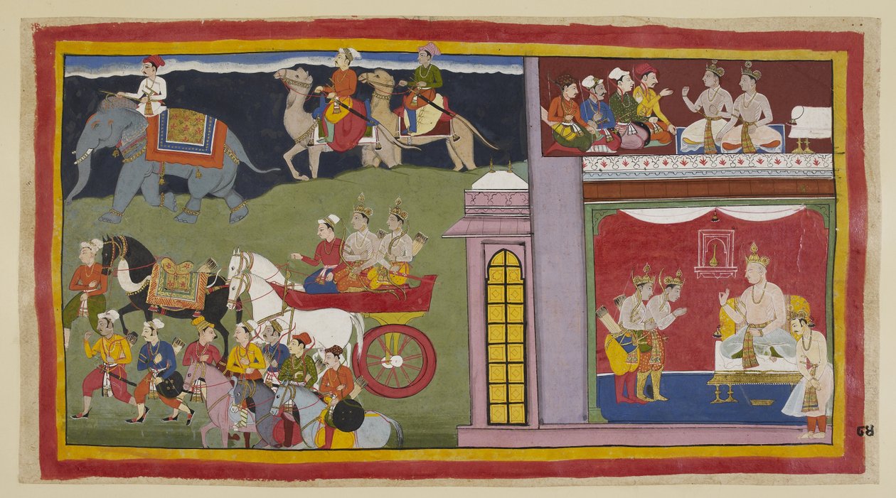 Die Boten, in einer oberen Kammer, sagen den Prinzen, dass sie nach Ayodhyā zurückkehren sollen. Unten im Thronsaal, für die Reise gekleidet, verabschieden sich die Prinzen von König Kaikeyi und seinem Sohn Yudhājit. Sie sitzen in einem Streitwagen mit den von Indian School