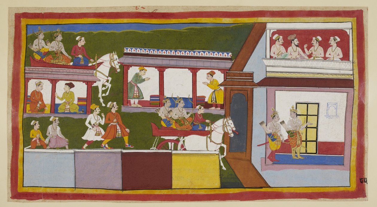 Die Prinzen fahren in ihrem Streitwagen durch die Hauptstraße von Ayodhya, wundern sich über die Veränderung in der Stadt seit ihrem Weggang und betreten dann den Palast mit fragenden Gesten. In einem oberen Raum unterhalten sich ein Brahmane und drei Mini von Indian School