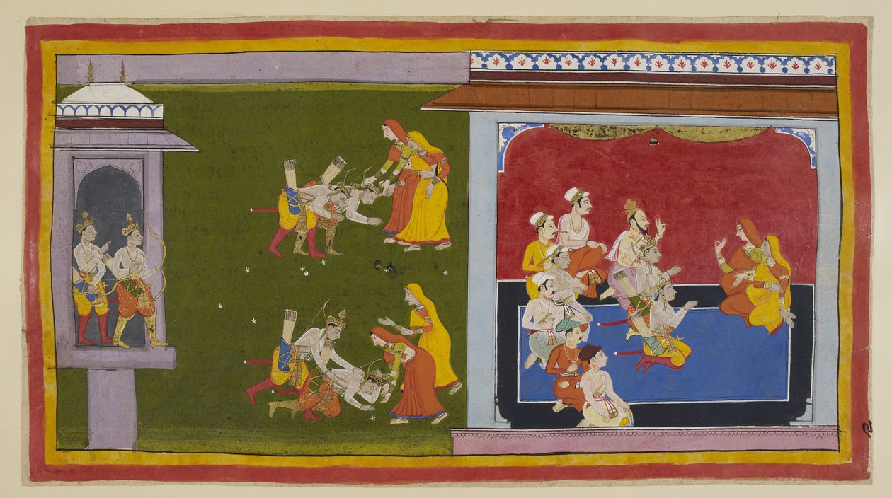 Die Prinzen gehen, um ihre anderen Mütter in ihrem Zenana zu treffen, aber Kausalya und Sumitra, die Trauerkleider tragen, haben sich bereits auf den Weg gemacht, um sie zu treffen von Indian School