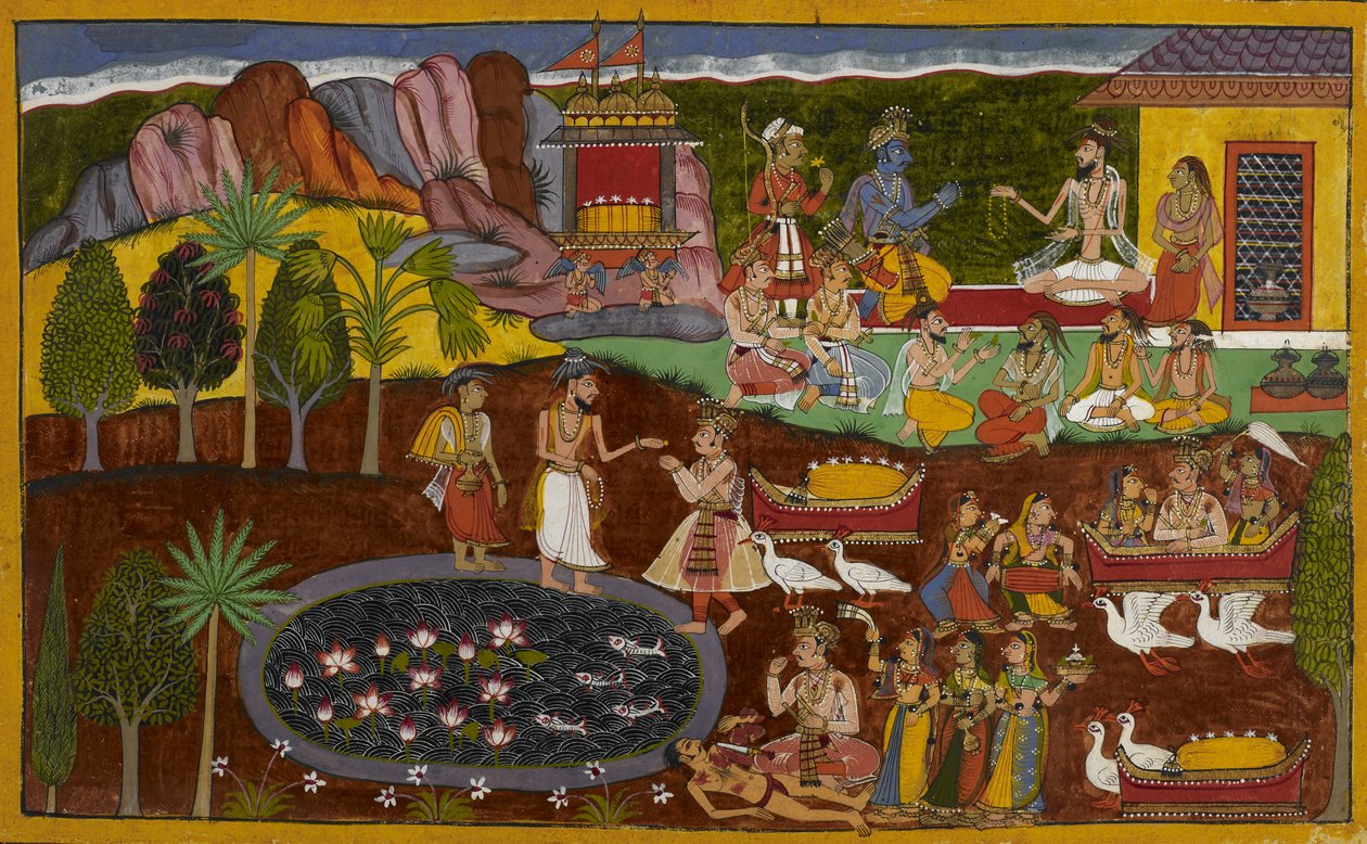 Agastya überreicht Rāma ein göttliches Juwel, und dessen Erwerb wird unten erzählt von Indian School