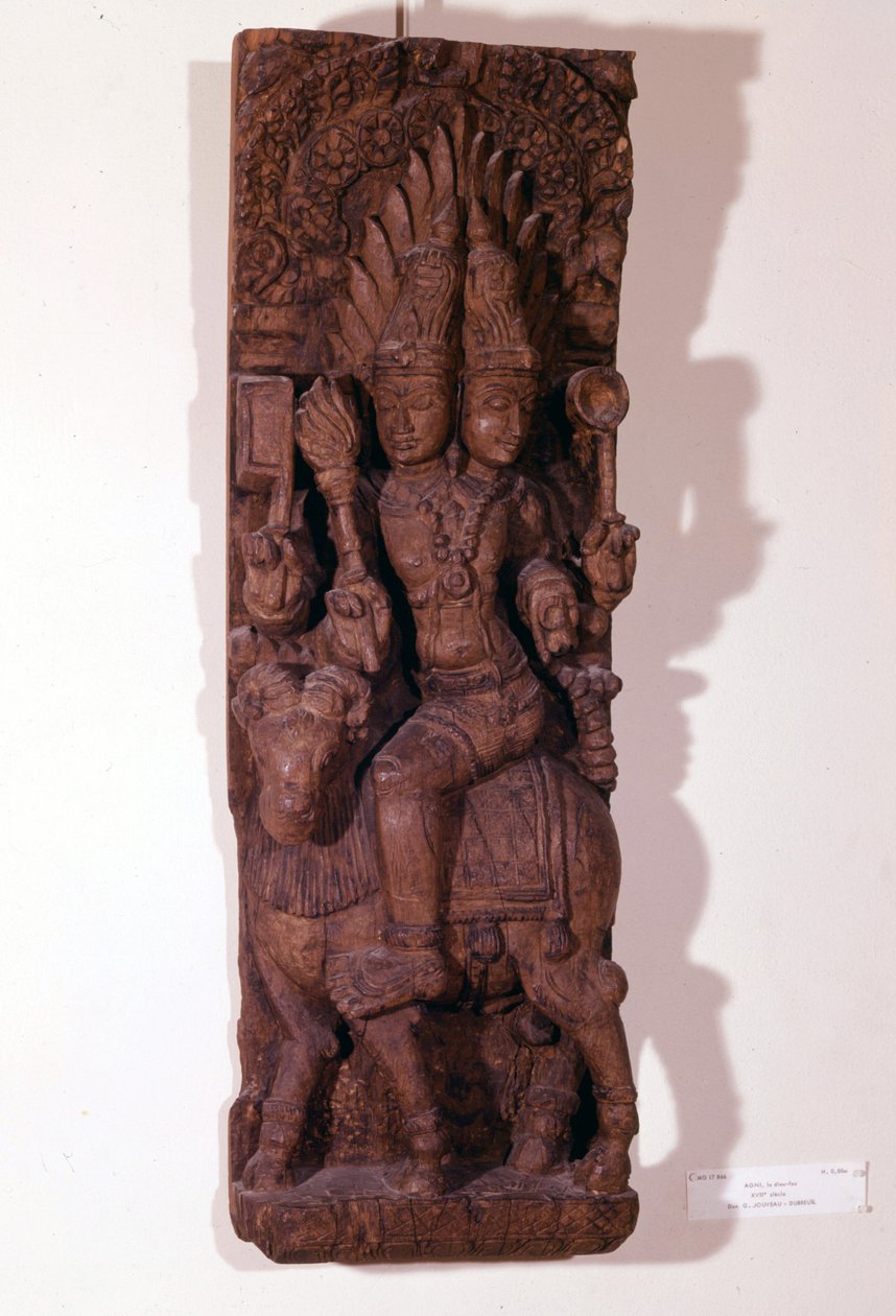 Agni, Feuergott, dargestellt mit zwei Köpfen (bizephal) auf einem Widder, nach der hinduistischen Mythologie. Holzskulptur aus dem 17. Jahrhundert. Paris, Musée Guimet. von Indian School
