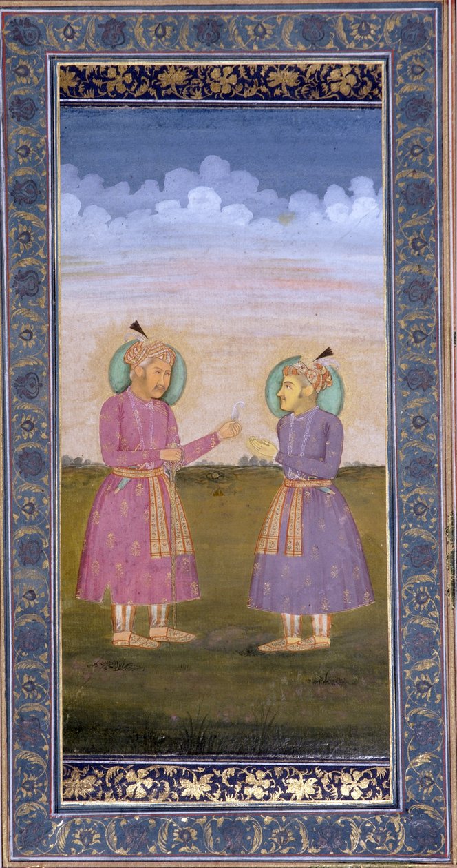 Akbar überreicht seinem Sohn Jahangir eine juwelenbesetzte Feder von Indian School