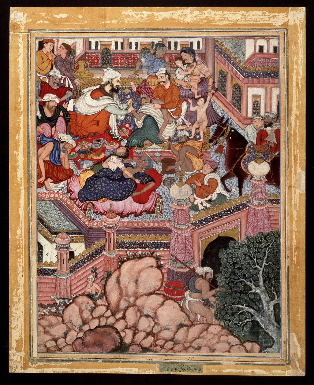 Amr, verkleidet als Mazmahil der Chirurg, praktiziert Quacksalberei an den Zauberern von Antali, ca. 1570 von Indian School