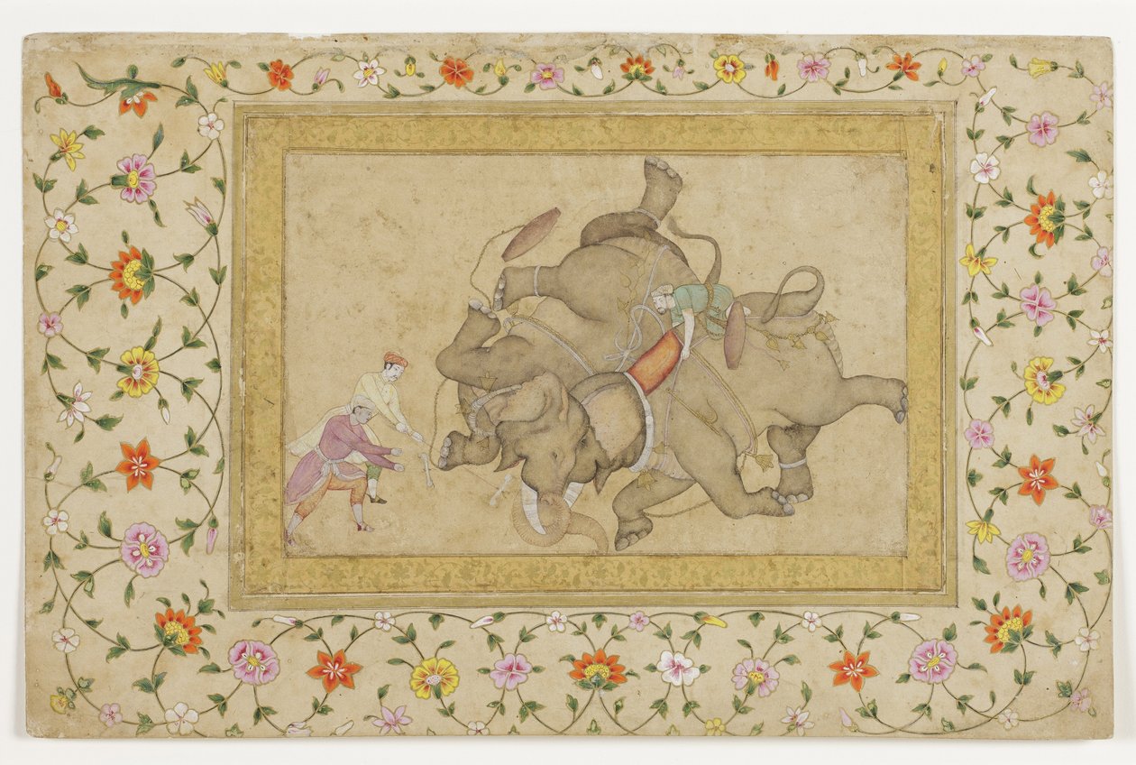 Ein Elefantenkampf mit floraler Arabeskenbordüre von Indian School