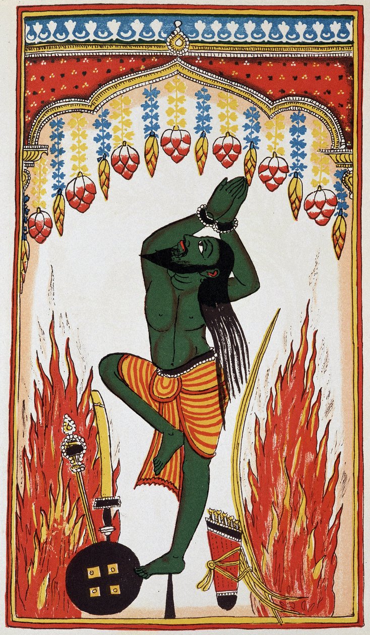 Aradjama, betend und Buße tuend, um die Waffen zu erhalten, die ihn unbesiegbar machen werden, Lithographie 18. Jahrhundert von Indian School