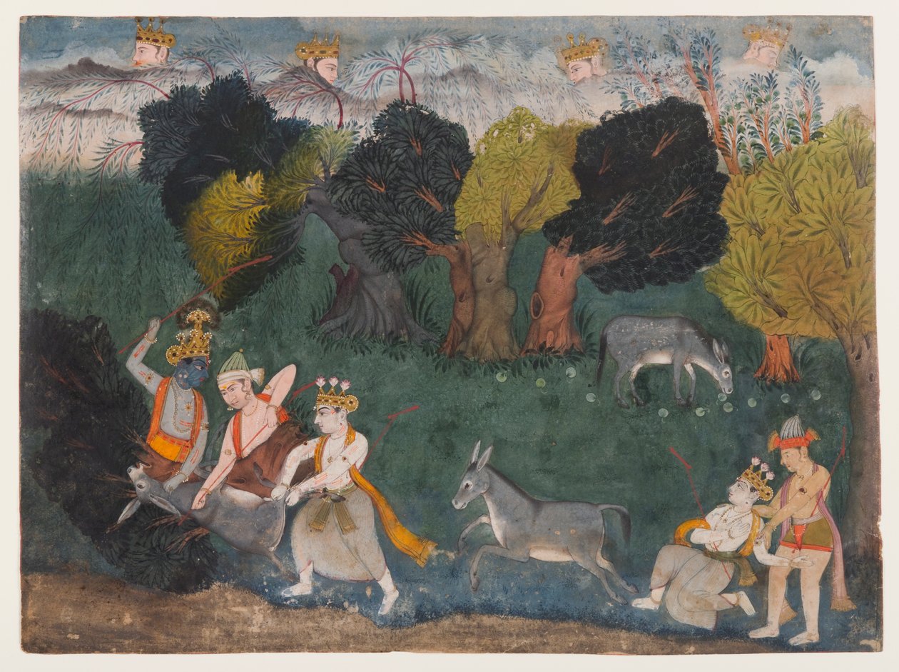 Balarama tötet den Esel-Dämon, Seite aus einer verstreuten Bhagavata Purana Serie, ca. 1725 von Indian School