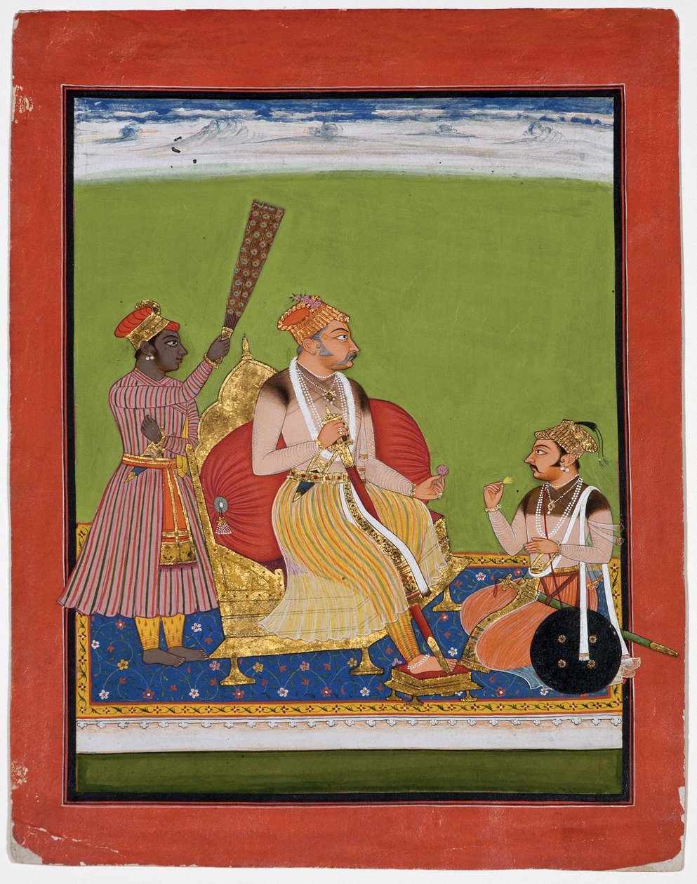 Bhao Singh thront mit einem Adligen zu seinen Füßen, ca. 1680 von Indian School