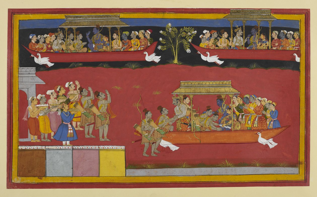 Bharata und Shatrughna begrüßen Rama und Sita, während der Pushpaka abfliegt von Indian School