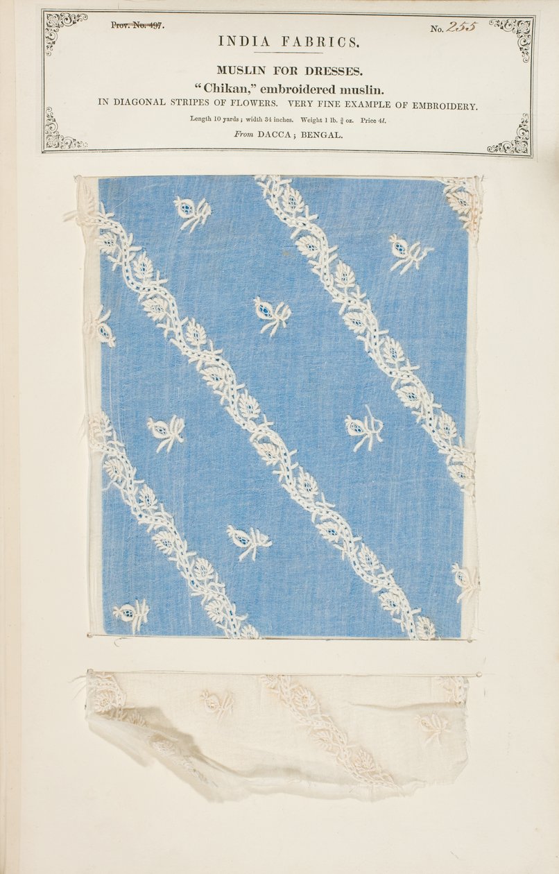 Chikan bestickte Musselinprobe aus Dacca in Bengalen, aus The Collection of the Textile Manufacturers of India, von John Forbes Watson, veröffentlicht 1866 von Indian School