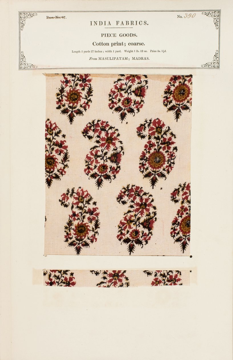 Baumwollprobe mit Chetee (Chintz) Druck aus Arcot in Madras, aus The Collection of the Textile Manufacturers of India, von John Forbes Watson, veröffentlicht 1866 von Indian School