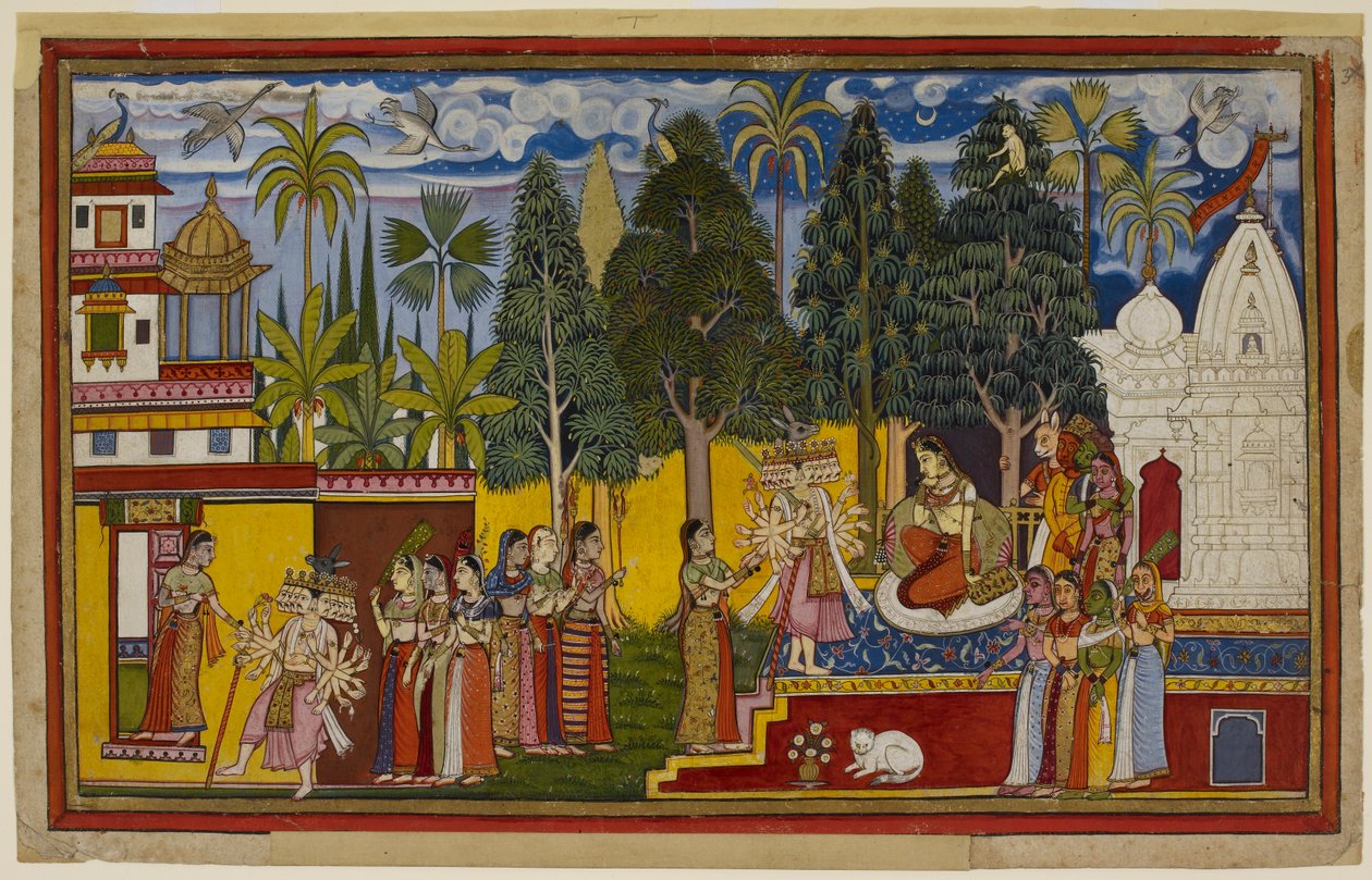 Von einem Shingshapa-Baum aus beobachtet Hanuman Sita, umgeben von weiblichen Titanen, als Ravana ankommt und sie bittet, ihn zu heiraten von Indian School