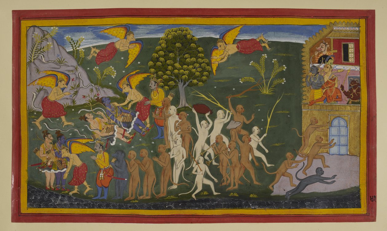 Garuṇa befreit und heilt Rāma und Lakṣmaṇa; Affen stürmen siegreich Laṅkā von Indian School