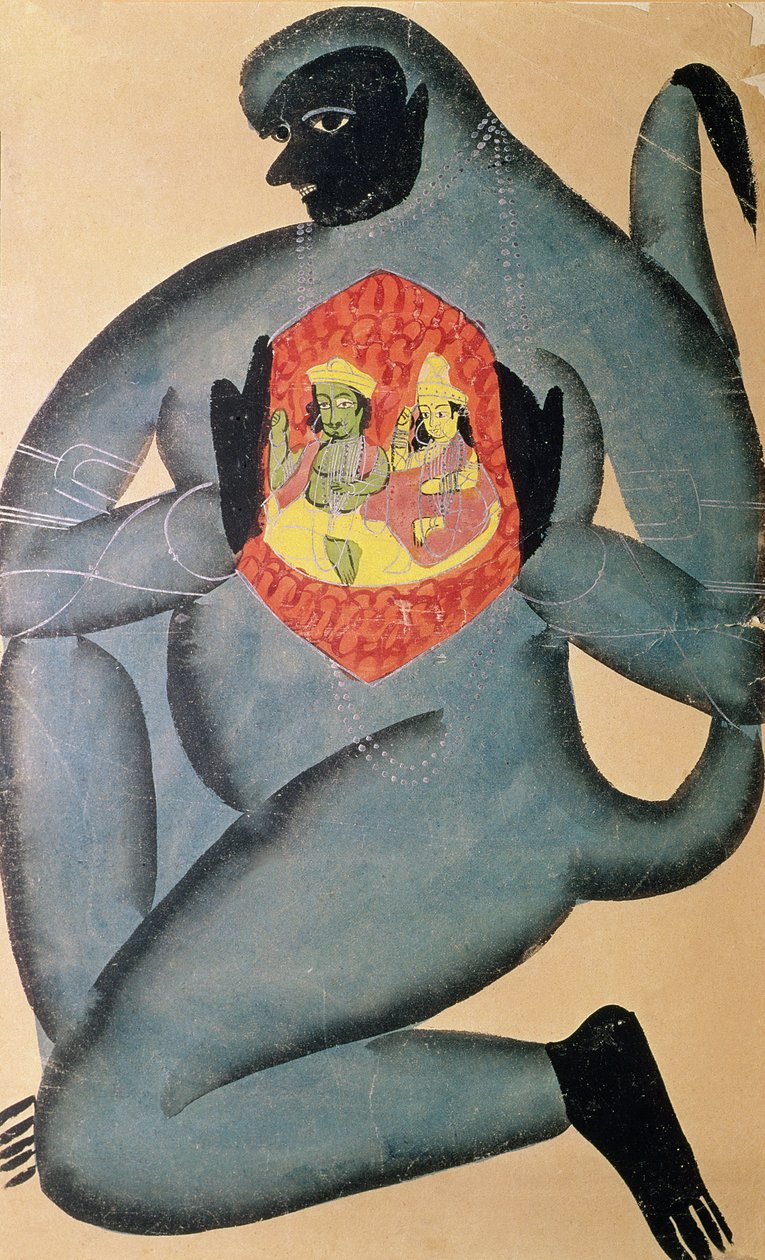 Hanuman enthüllt Rama und Sita, die in seinem Herzen eingeschlossen sind, gemalt von einem Mitglied der Patua-Kaste, 1880 von Indian School