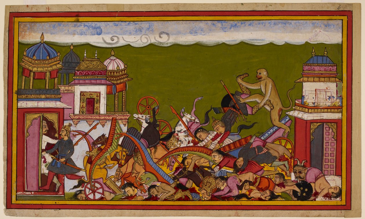 Hanumān zerstört den Tempel, besiegt Rāvaṇas Truppen, und ein Mann entkommt in die Stadt. 1653 (Miniatur) von Indian School