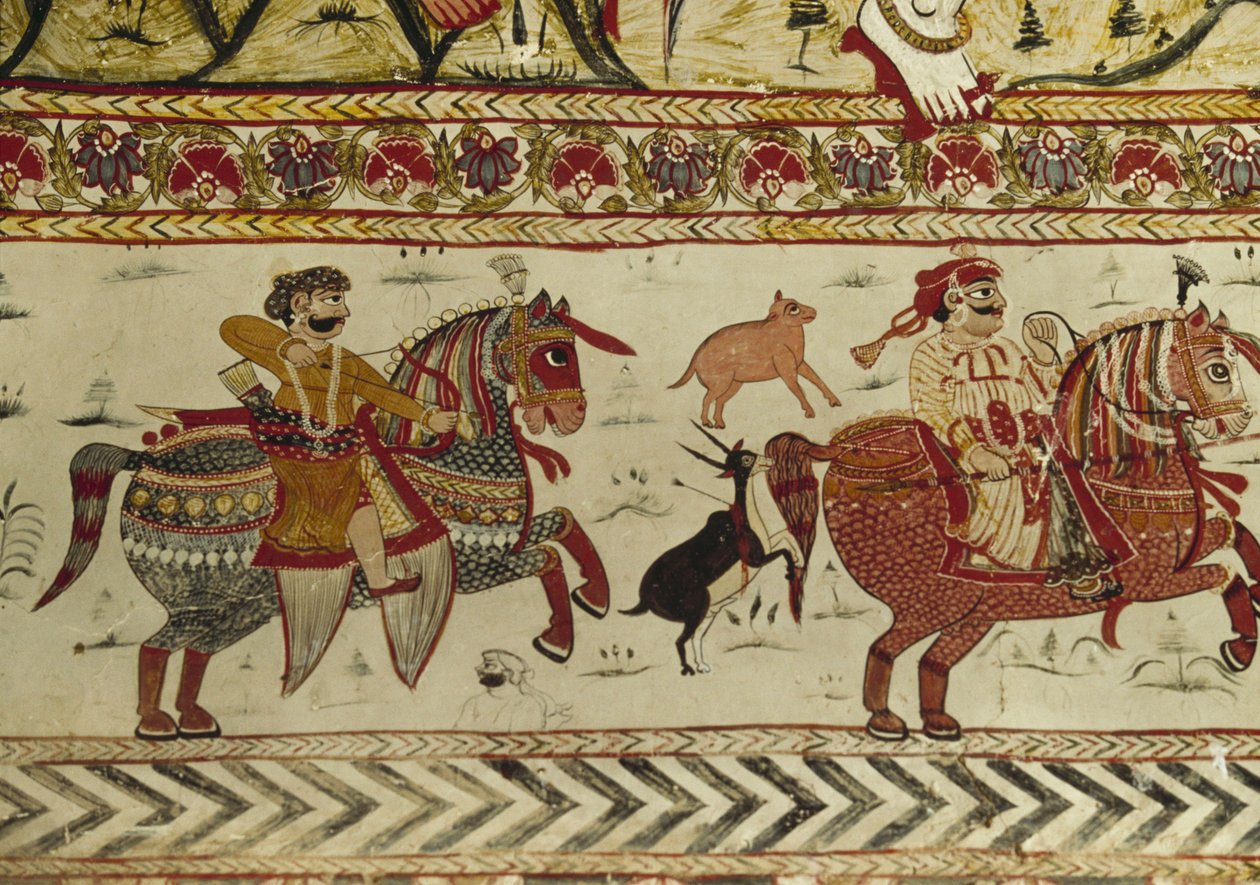 Jagdszene, Laxminarayan-Tempel, Orchha, Madhya Pradesh, Indien von Indian School