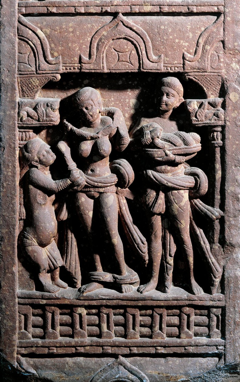 Indische Kunst: Sundarananda (Nanda) hilft Sundari bei ihrer Toilette. Periode Kouchane (Kushan oder Kushan) von Indian School