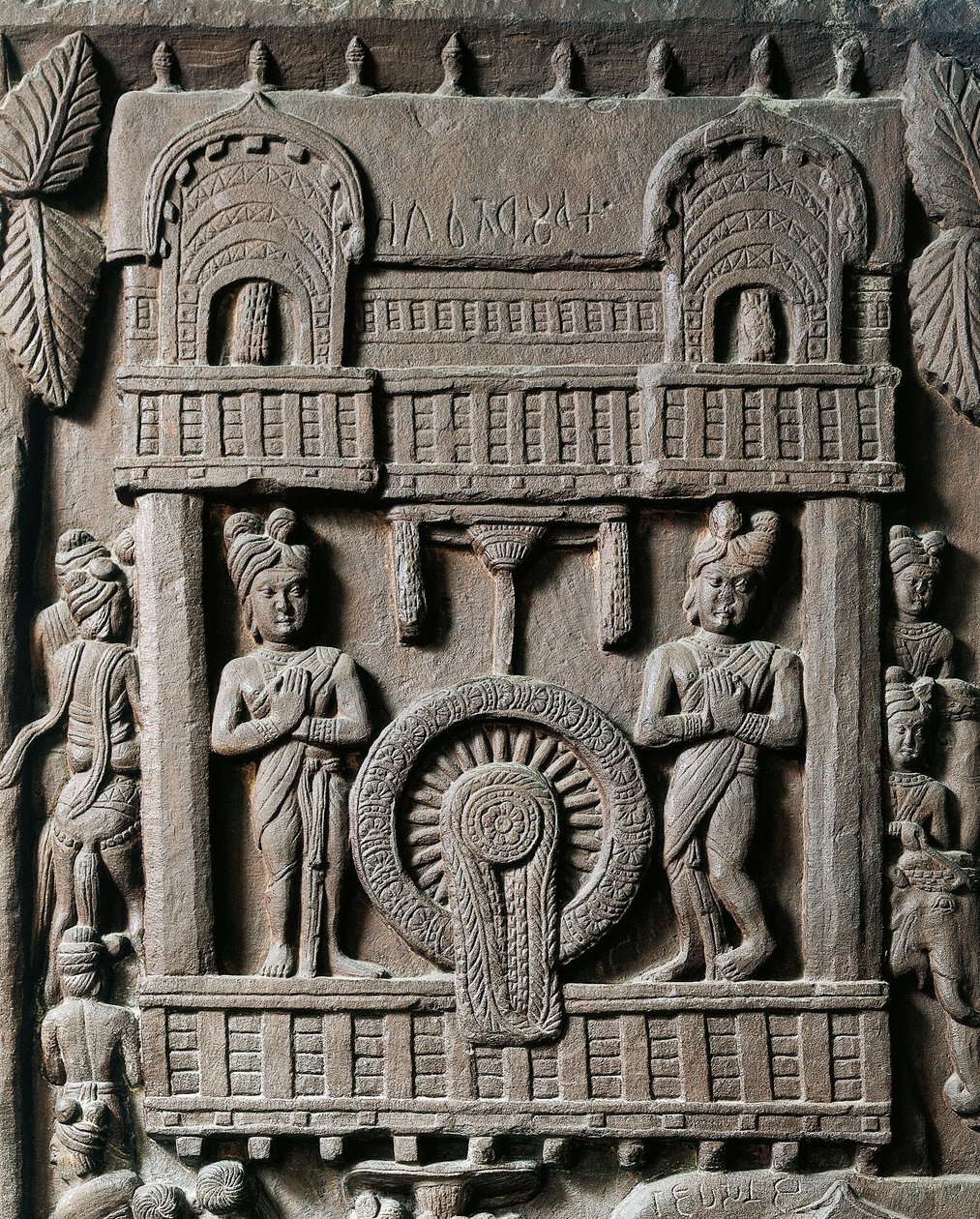 Indische Kunst, Hinduismus: Flachrelief, das den letzten Besuch von König Prasenjit II. bei Gautama Buddha darstellt. 2. Jahrhundert v. Chr. Kolkata, Indian Museum von Indian School