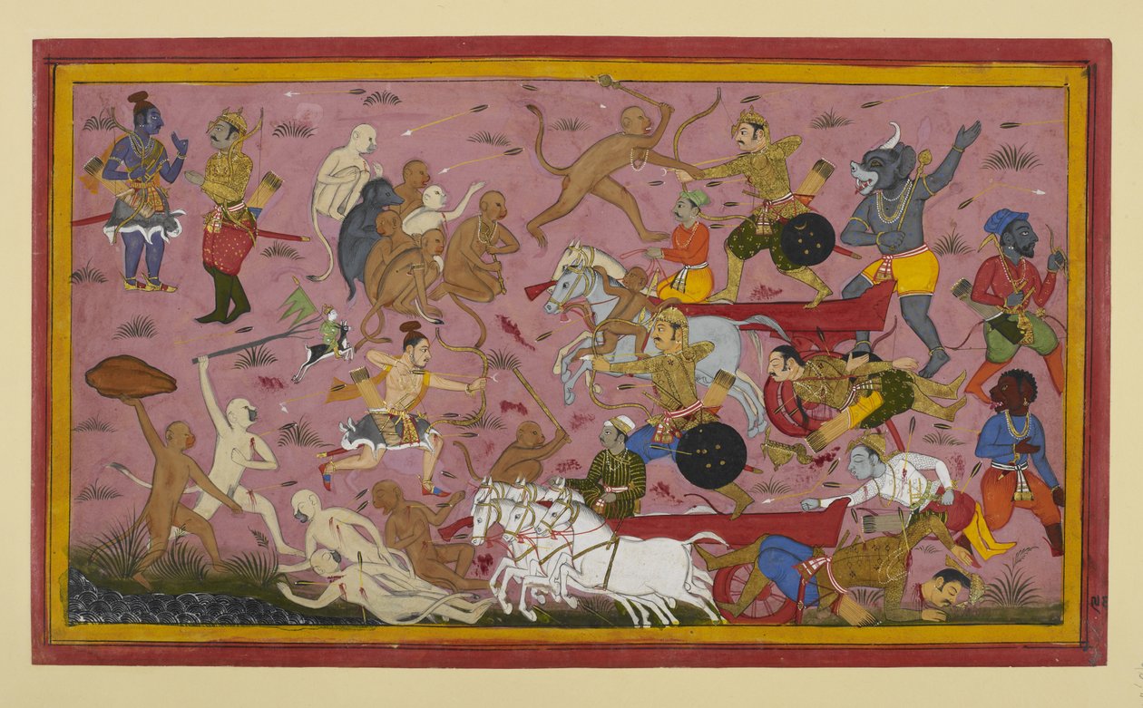 Lakṣmaṇa tötet Rāvaṇas Söhne Mattānika und Atikāya mit göttlichen Waffen von Indian School