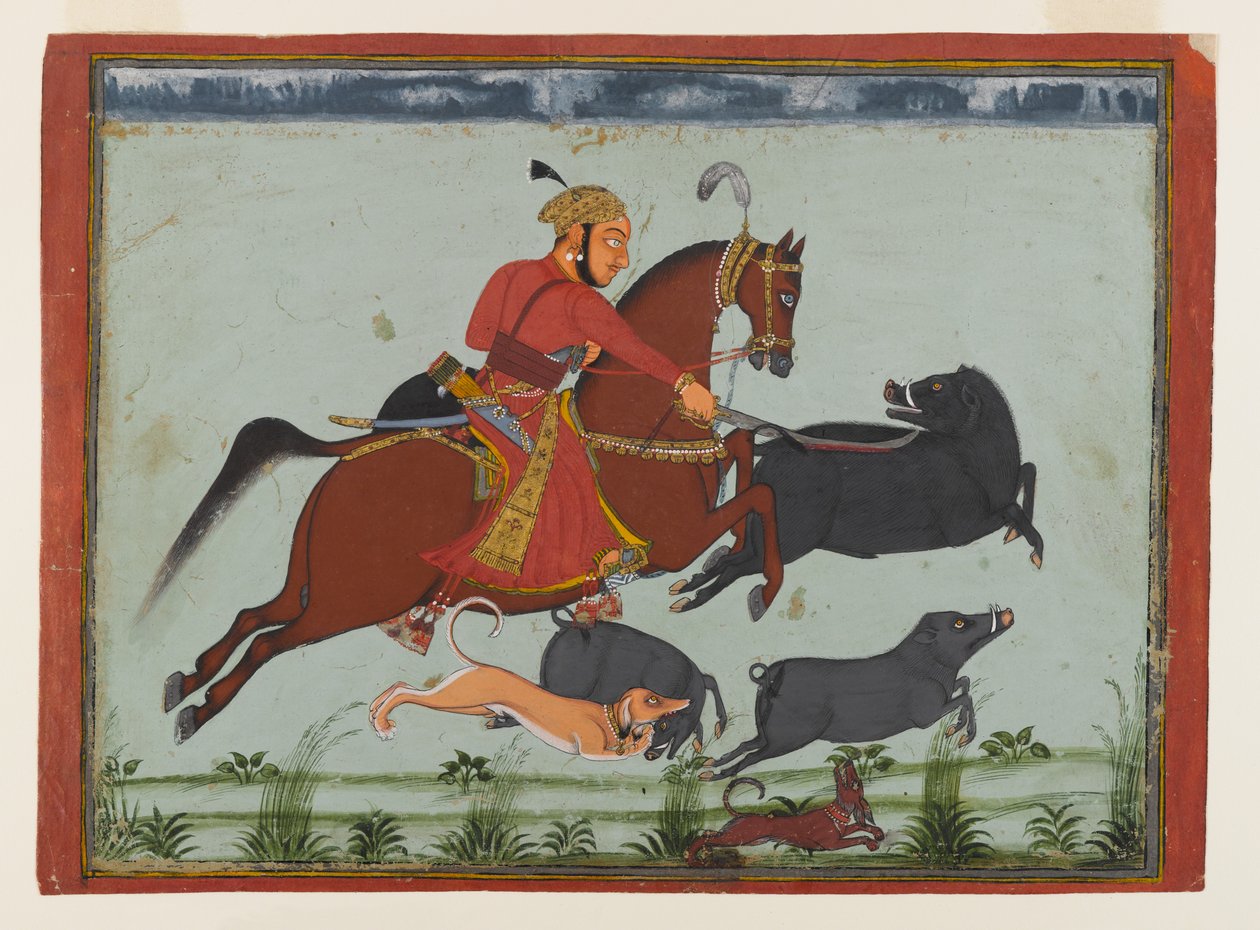 Maharaja Pratap Singh II von Mewar jagt Wildschweine (um 1750-75) von Indian School