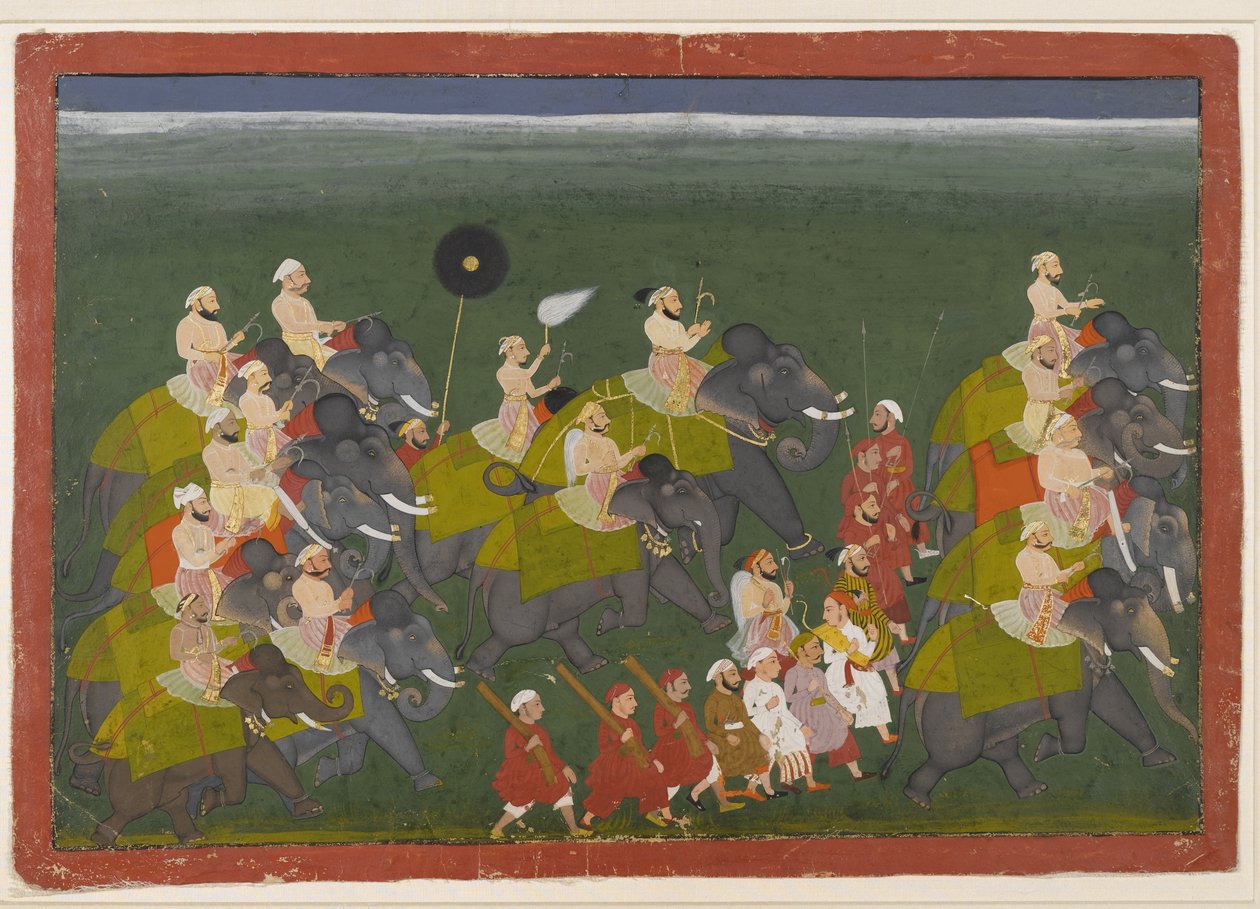Maharana Sangram Singh von Mewar in einer Elefantenprozession, Udaipur, Rajasthan, ca. 1730-40 von Indian School