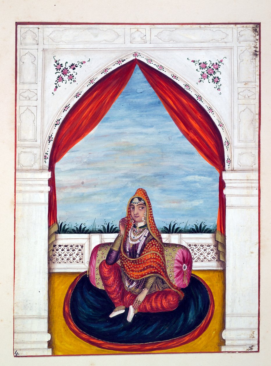 Maharani Chand Kaur, aus Das Königreich Punjab, seine Herrscher und Häuptlinge, Band I, ein Band mit 27 Aquarellstudien eines unbekannten indischen Künstlers, ca. 1840 von Indian School