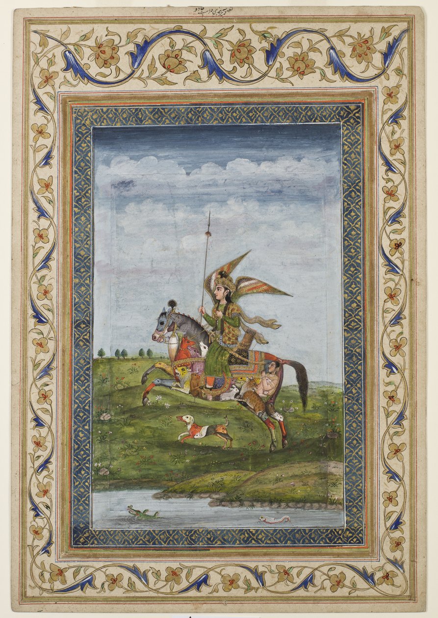 Miniatur, die eine Szene mit einer geflügelten Figur auf einem Pferd darstellt, wahrscheinlich Delhi-Schule, Mogul, indisch, frühes 19. Jahrhundert von Indian School