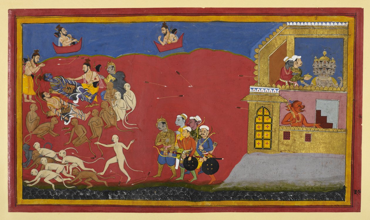 Affen verwechseln Vibhīṣaṇa mit Indrajit; Nārada lobt Nārāyaṇa, während Rāvaṇa speist von Indian School